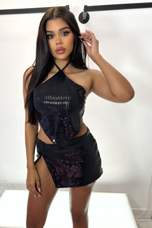 SAMARA X ROKSANNA SKIRT AND TOP SET - BLACK SEQUIN