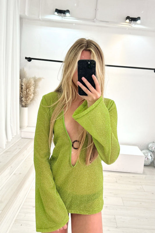 ALAIA DEEP PLUNGE KAFTAN MINI DRESS - LIME GREEN SPARKLE