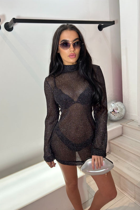 ALENA LONG SLEEVE LUREX KNITTED MINI DRESS - BLACK IN STOCK XS