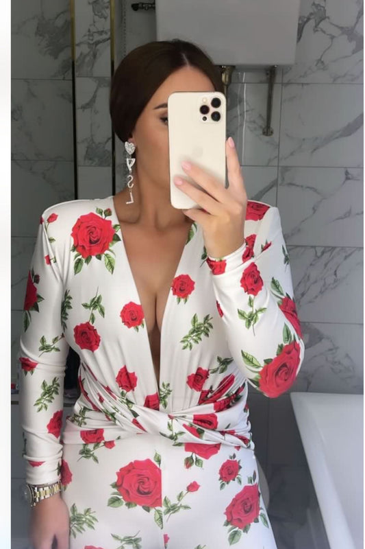 PARIS PADDED SHOULDER PLUNGE JUMPSUIT WITH WAIST DEATIL - ROSE PRINT