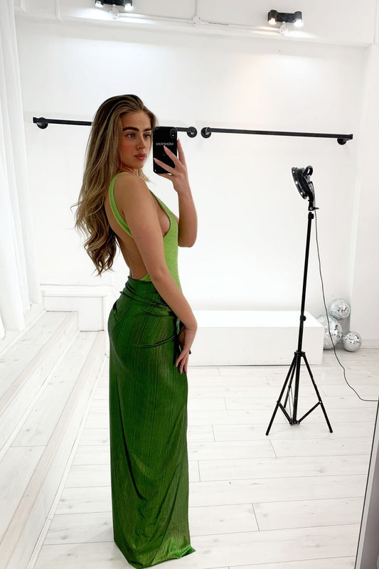 VIENNA TIE SIDE MAXI SKIRT - GREEN GLOSS