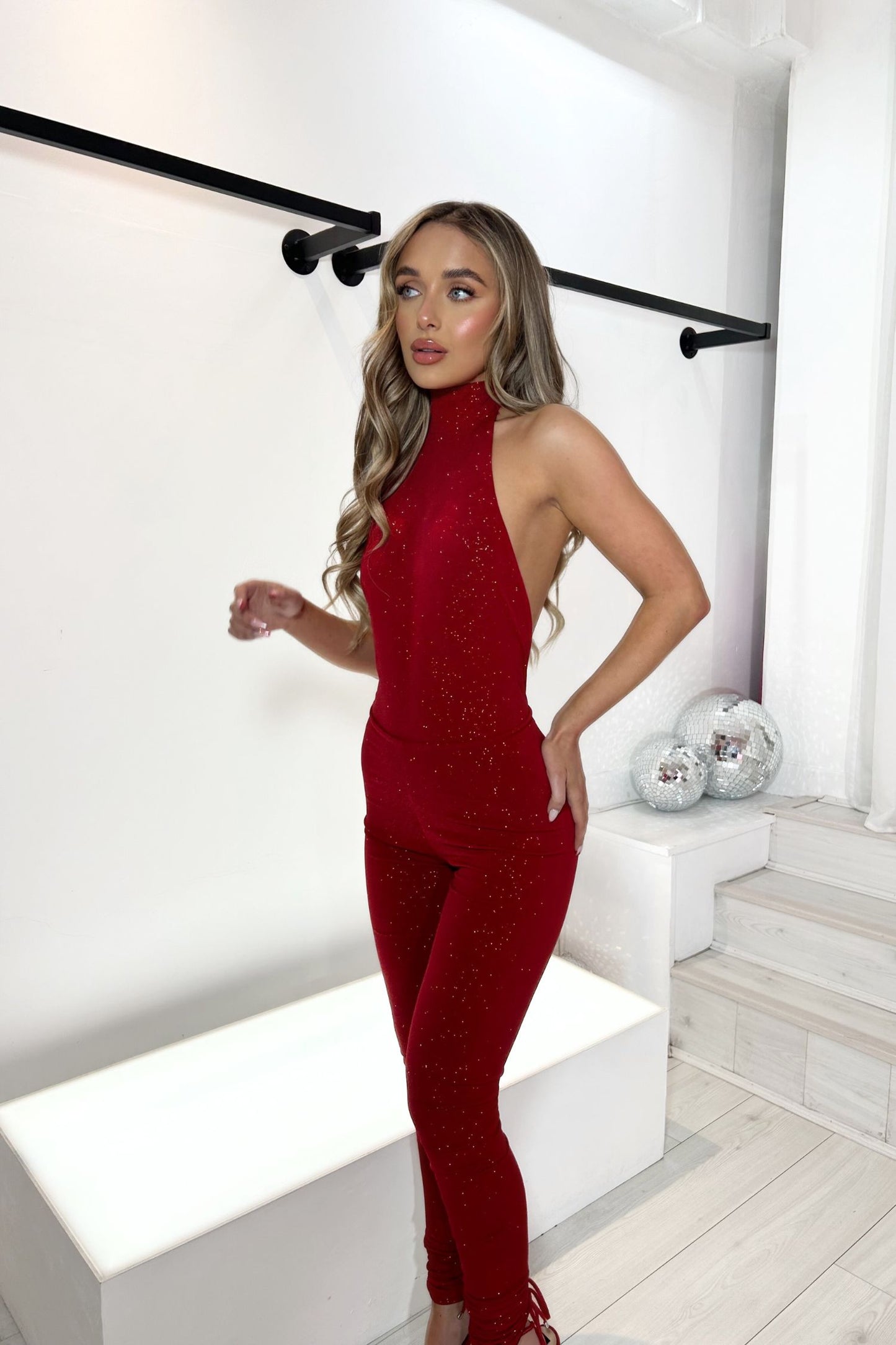 CELIA HALTERNECK BACKLESS JUMPSUIT - RED FINE SPARKLE