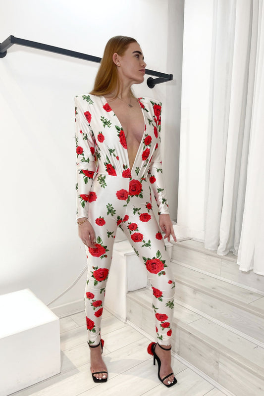 AURA PADDED SHOULDER PLUNGE JUMPSUIT  - ROSE PRINT