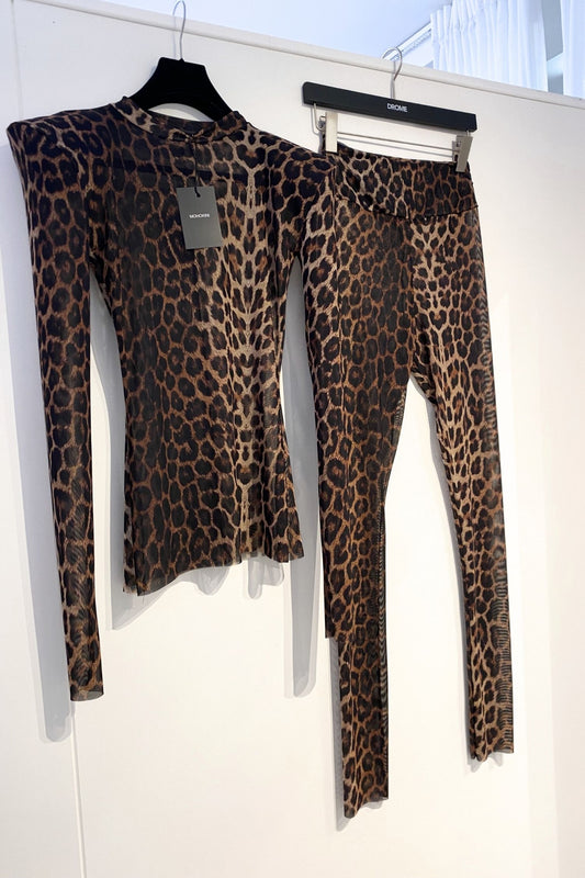 STELLA PADDED SHOULDER CREW NECK TOP AND LEGGINGS CO-ORD - LEOPARD MESH PRE ORDER