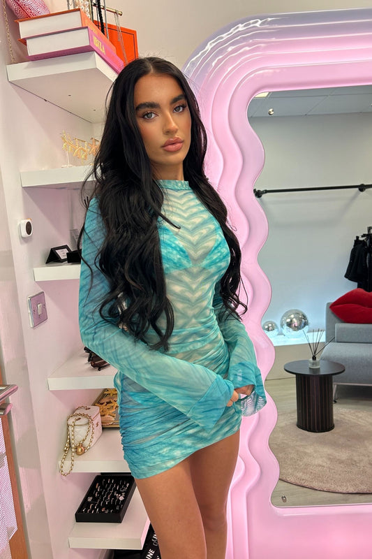 RUMI RUCHED MINI DRESS - AZURA PRINT MESH