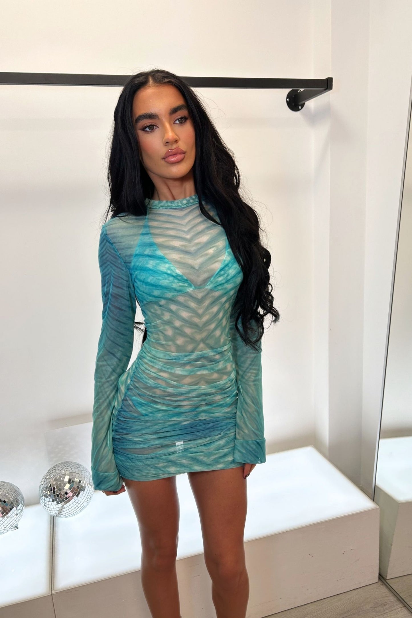 RUMI RUCHED MINI DRESS   - AZURA PRINT MESH
