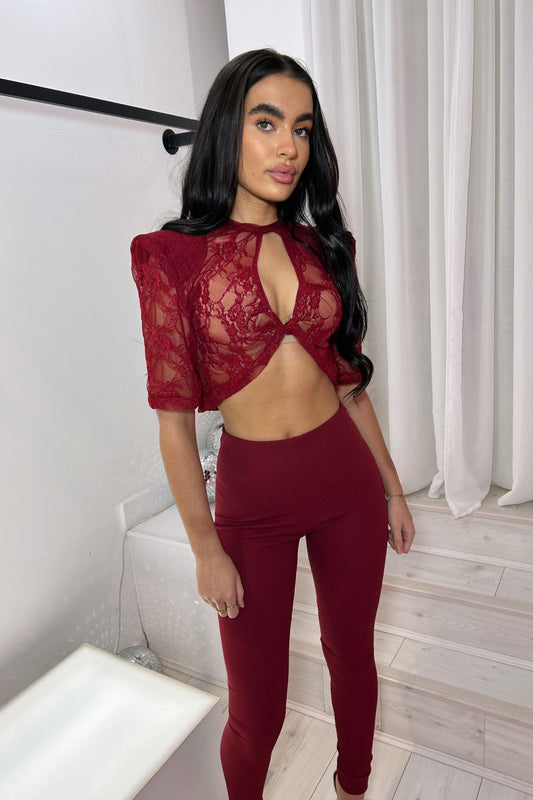 LAVINIA X STELLA PADDED SHOULDER TWIST DETAIL TOP AND HIGH WAIST LEGGINGS CO-ORD - BURGUNDY