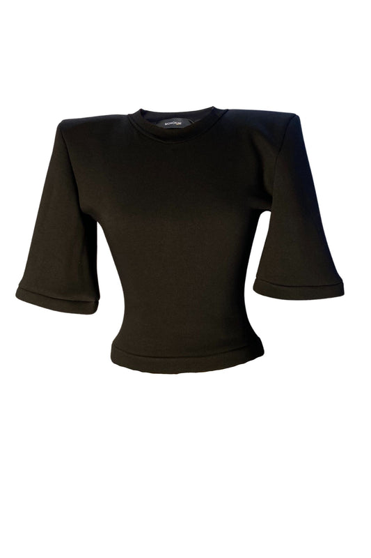 ANITA PADDED SHOULDER CROPPED TSHIRT | BLACK SWEATSHIRT JERSEY - IN STOCK SMALL