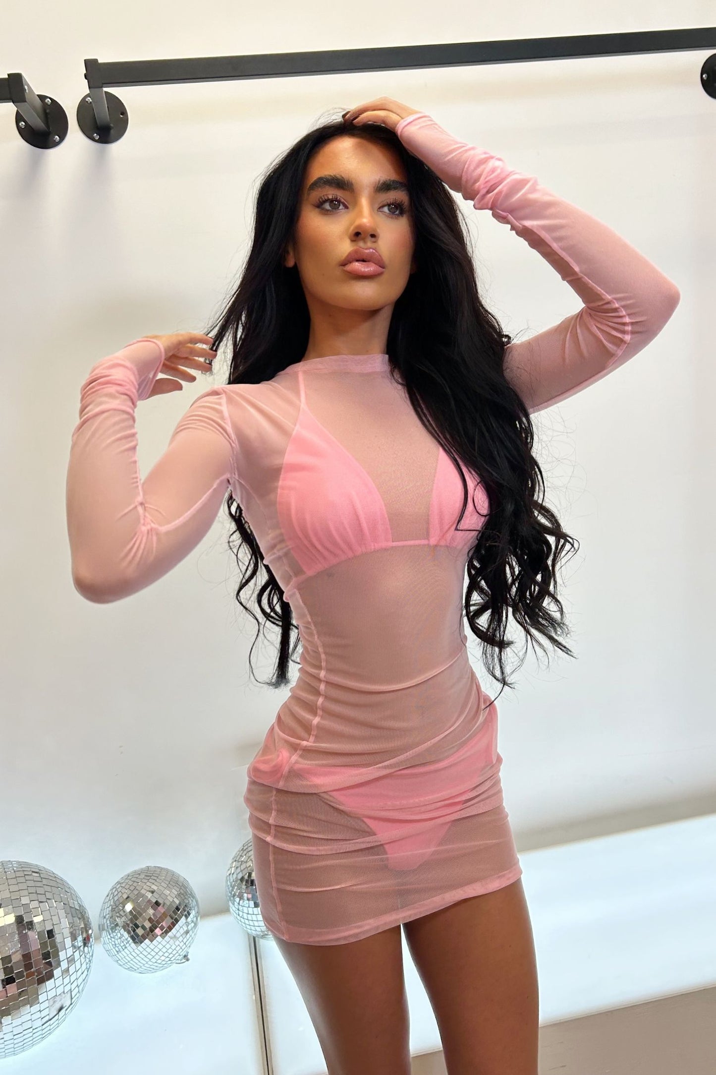 HAILEY MESH MINI DRESS - BABY PINK MESH