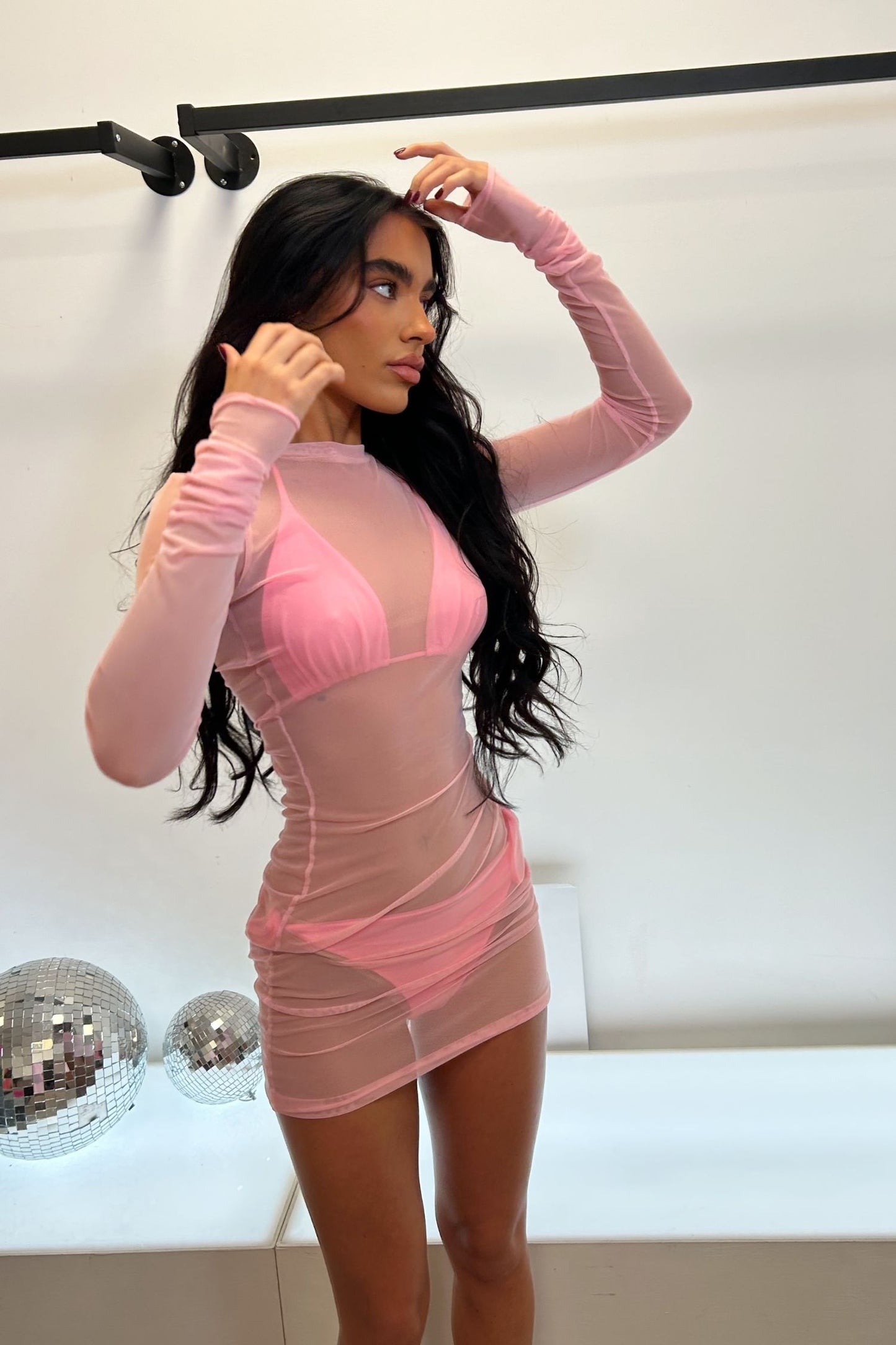 HAILEY MESH MINI DRESS - BABY PINK MESH