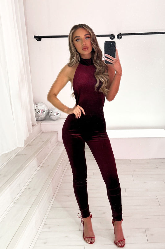 CELIA HALTERNECK BACKLESS JUMPSUIT - BURGUNDY VELVET