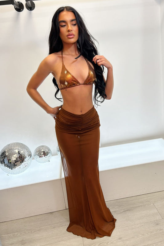 THORA RUSCHE DETAIL FISHTAIL MAXI SKIRT - BROWN MESH