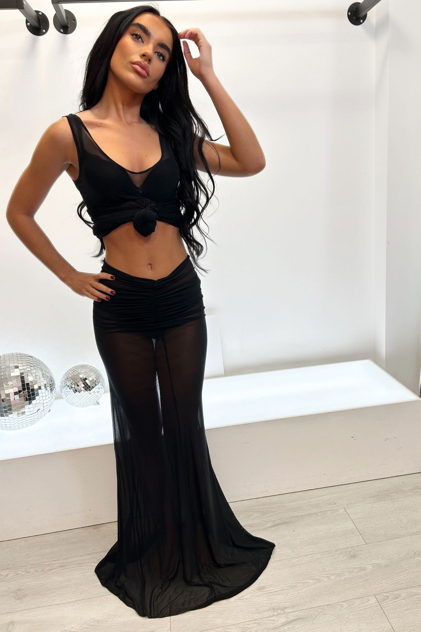 THORA RUSCHE DETAIL FISHTAIL MAXI SKIRT - BLACK MESH