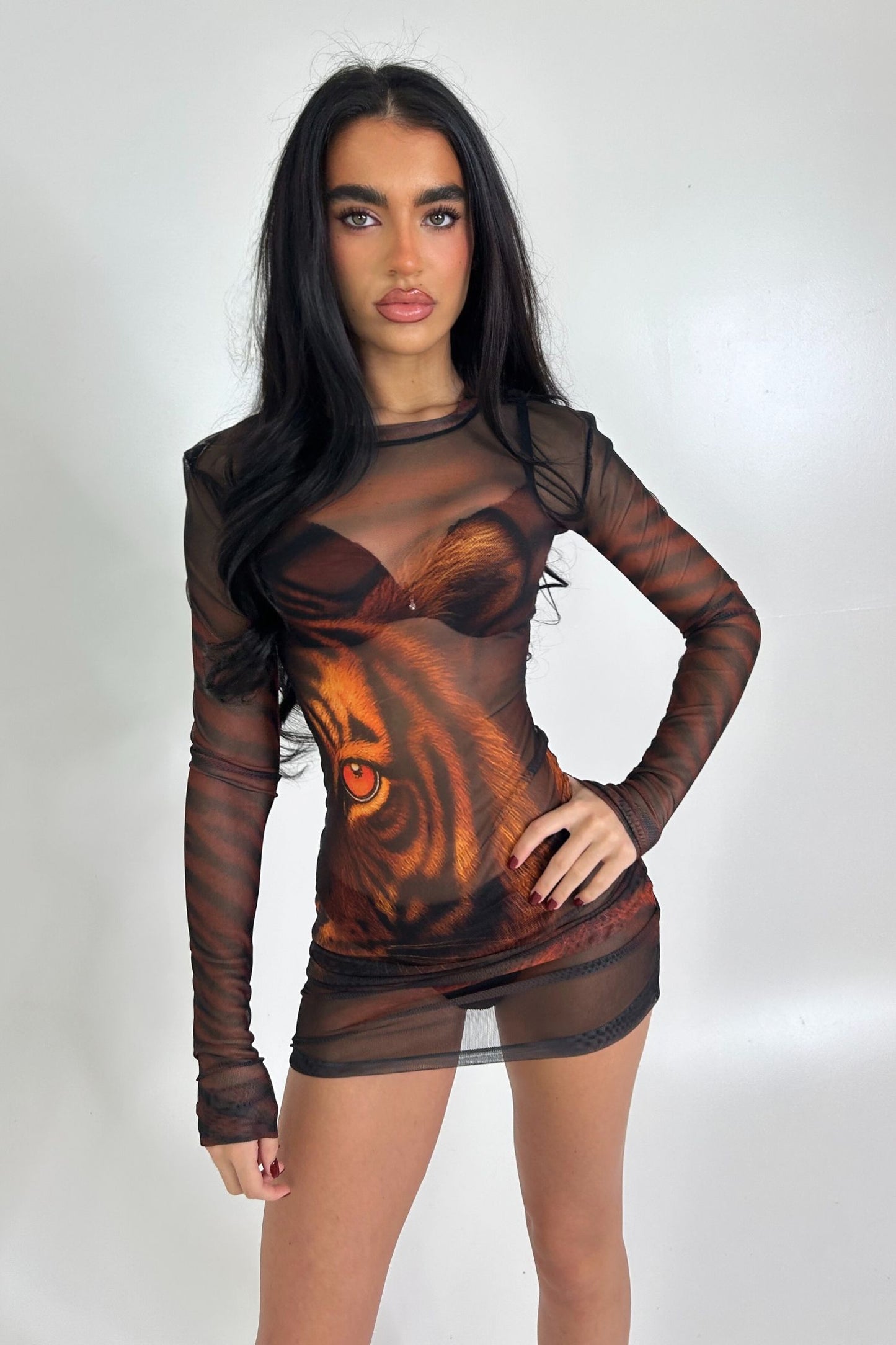 HAILEY MESH MINI DRESS - TIGER PRINT