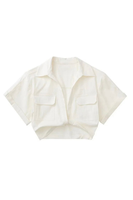 SUNNIVA TWIST FRONT CROPPED SHIRT WITH COLLAR - IN STOCK