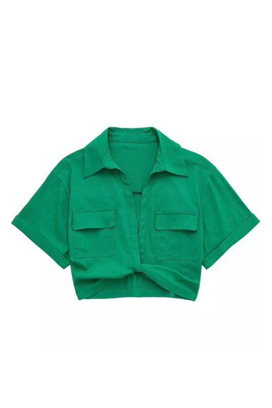 SUNNIVA TWIST FRONT CROPPED SHIRT WITH COLLAR - IN STOCK