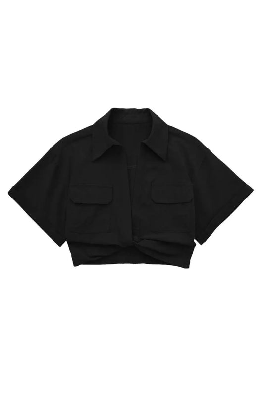 SUNNIVA TWIST FRONT CROPPED SHIRT WITH COLLAR - IN STOCK