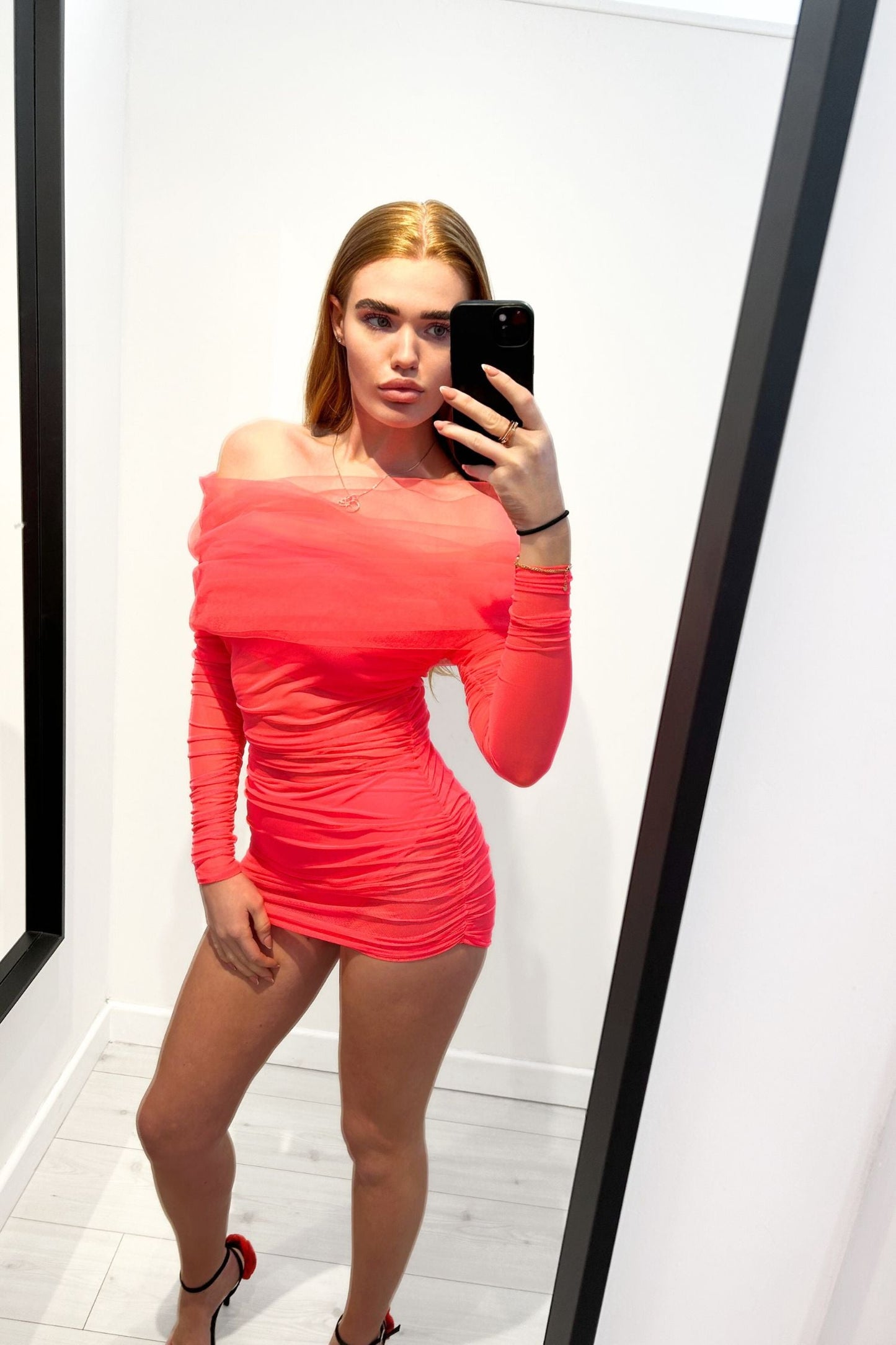 MOLLY OFF SHOULDER RUCHED MINI DRESS - NEON PINK - IN STOCK S