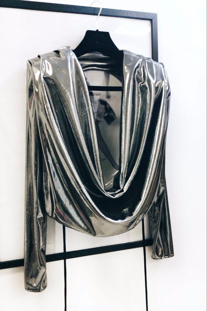 ANNA TOP • BACKLESS COWL NECK PLUNGE TOP • SILVER METALLIC - IN STOCK