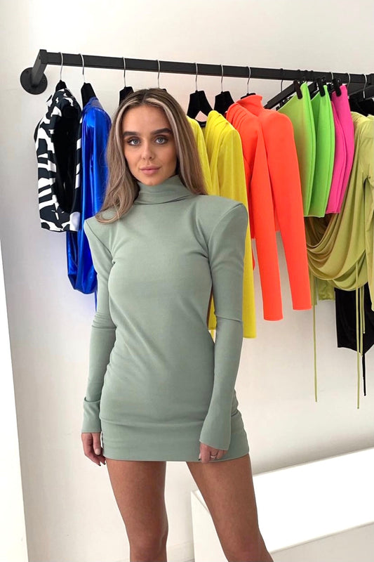 MILEY HIGH NECK SHOULDER PAD MINI DRESS - SAGE