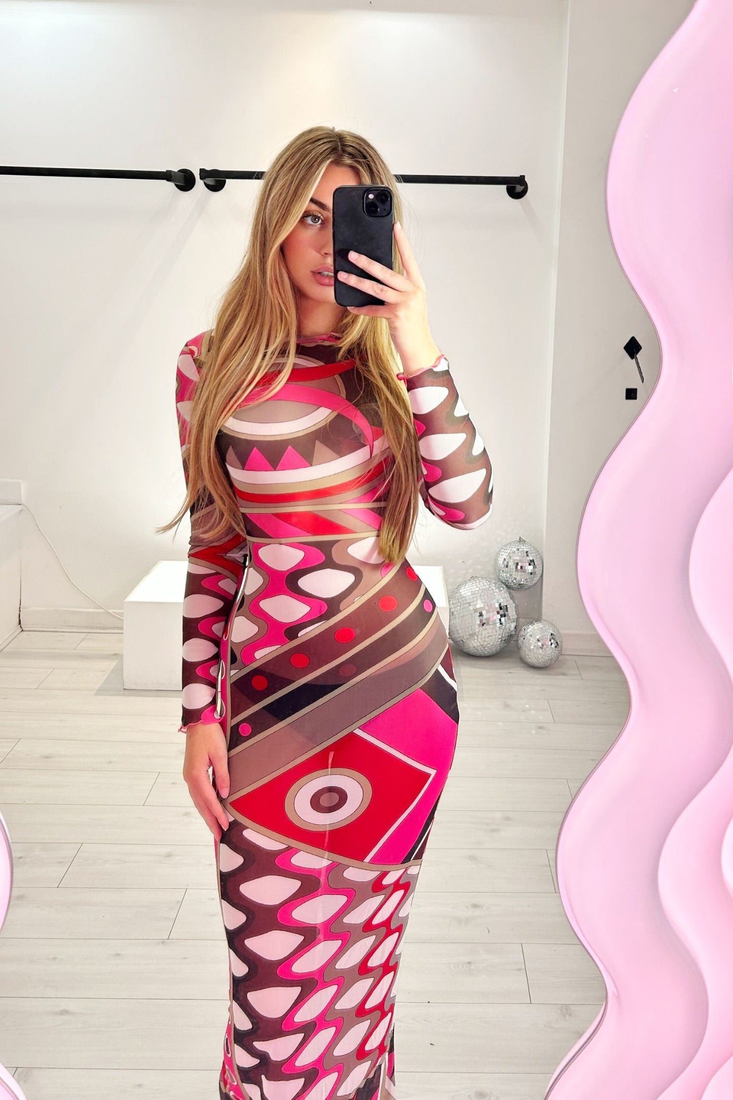 ALESSIA BODYCON MAXI DRESS PINK KALEIODOSCOPE MESH - IN STOCK