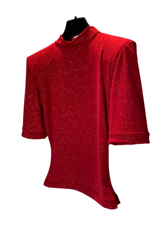 ANITA PADDED SHOULDER CROPPE TSHIRT | RED FINE SPARKLE - IN STOCK SMALL