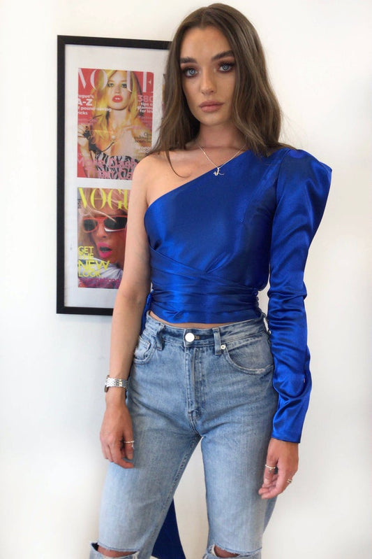KATI  • ONE SHOULDER CROPPED WRAP TOP • COBALT BLUE