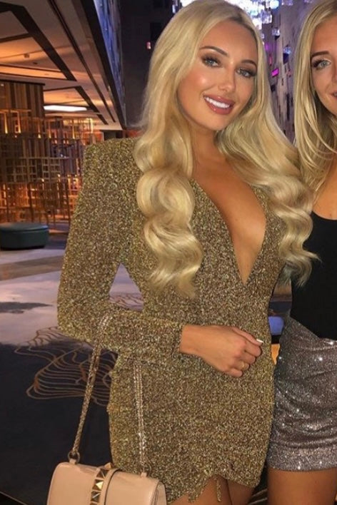 HEIDI PADDED SHOULDER PLUNGE MINI DRESS GOLD SPARKLE AS SEEN ON AMBER TURNER