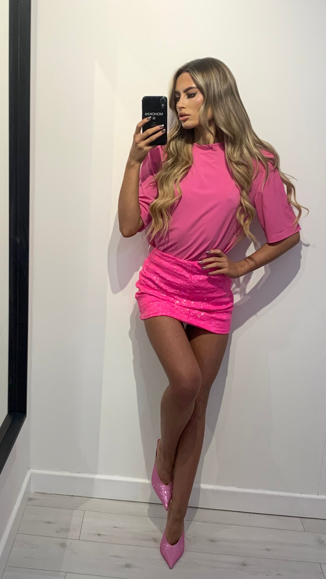ANNIE  X CONNA PADDED SHOULDER TSHIRT AND NEON PINK SEQUIN SKIRT