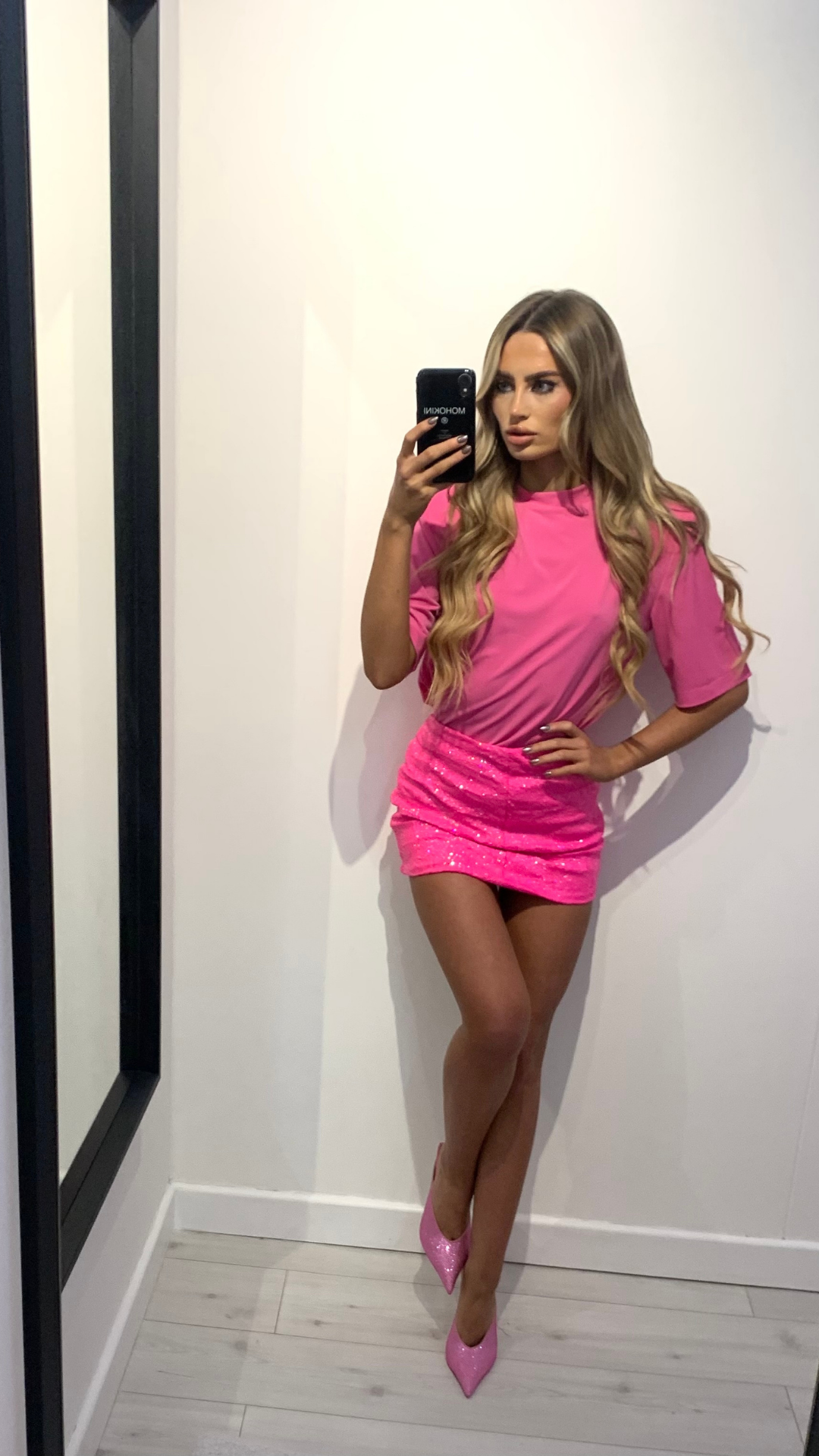 ANNIE  X CONNA PADDED SHOULDER TSHIRT AND NEON PINK SEQUIN SKIRT