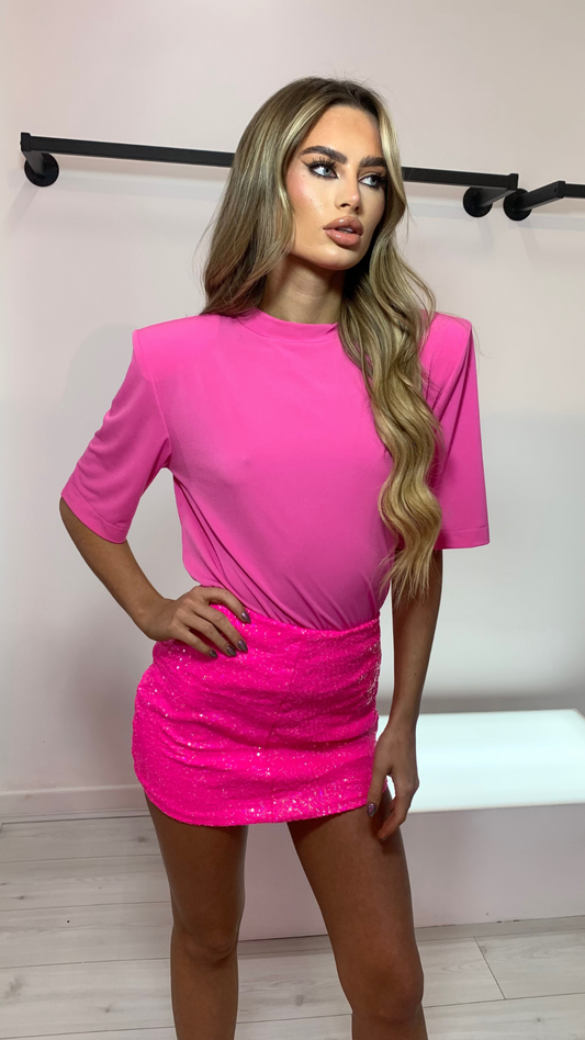 ANNIE  X CONNA PADDED SHOULDER TSHIRT AND NEON PINK SEQUIN SKIRT