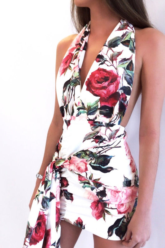 LAYLA HALTER MINI DRESS WITH SASH FLORAL - ROSE FLEUR