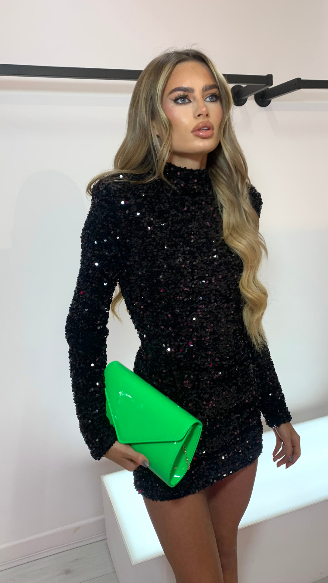 MILEY LONG SLEEVE HIGH NECK MINI DRESS BLACK SEQUIN