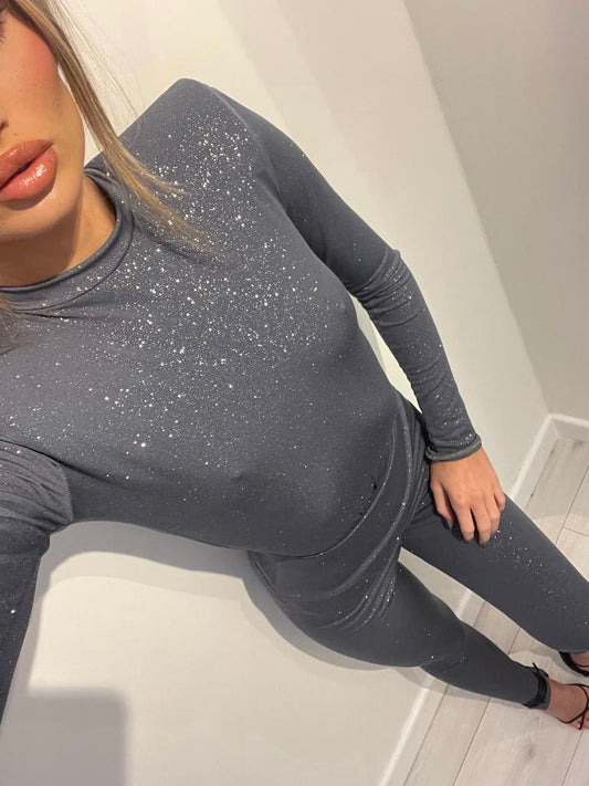 LUCINDA STIRRUP LEGGINGS CO-ORD - GREY FINE JERSEY SPARKLE