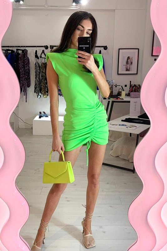 KIMMY SLEEVELESS HIGH NECK RUCHED MINI DRESS