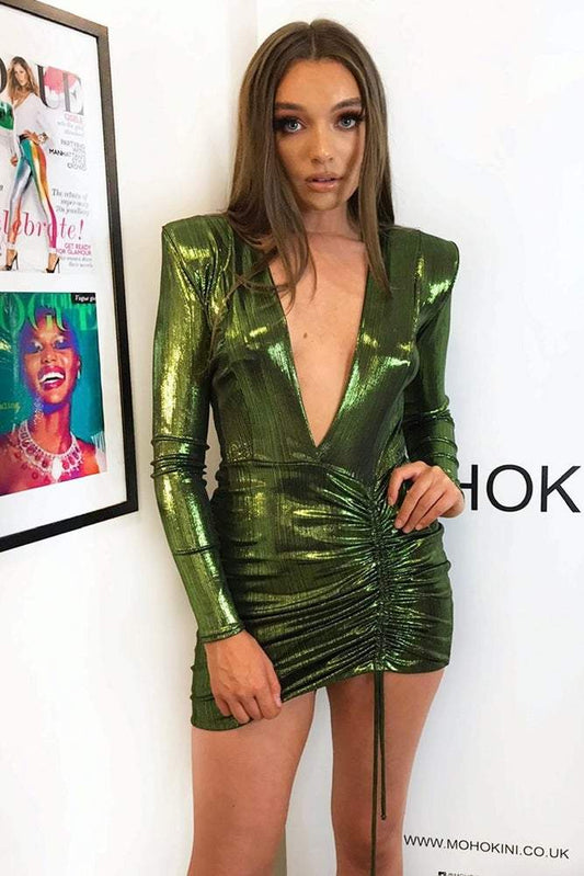 HEIDI DEEP PLUNGE PADDED SHOULDER MINI DRESS GREEN GLOSS AS SEEN ON @CLUJAROBI