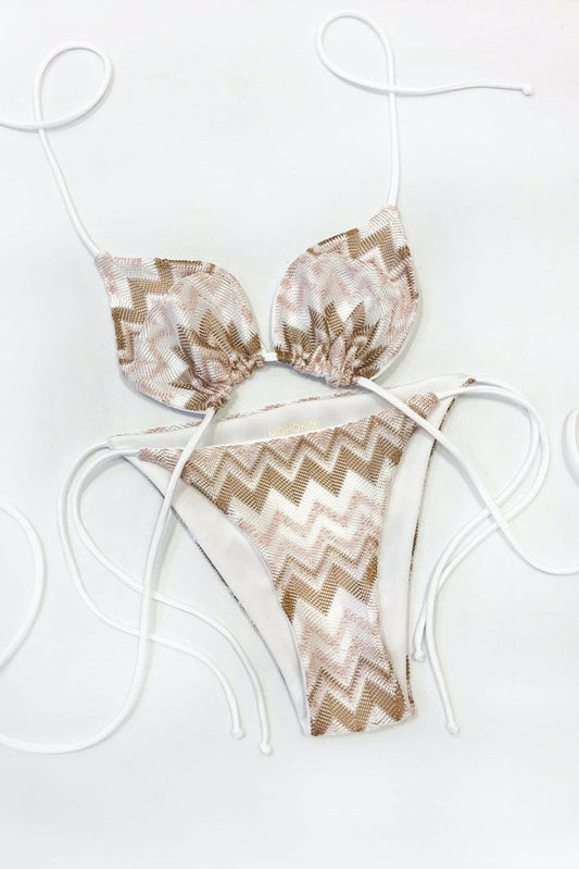 FLORA  TRIANGLE BIKINI GLOSSY COPPER CHEVRON CROCHET KNIT