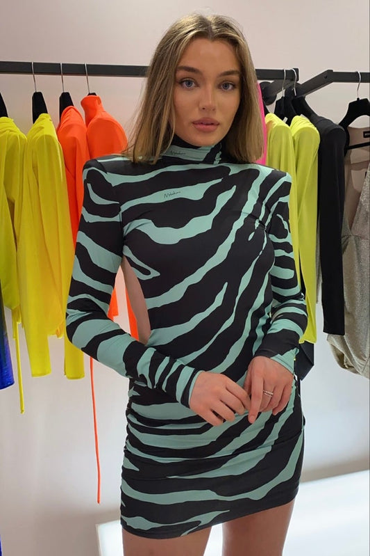 AUBREY BACKLESS HIGH NECK SHOULDER PAD MINI DRESS - ZEBRA