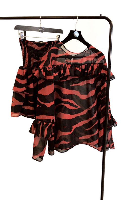 CLAUDIA • SKIRT & TOP CO-ORD • ZEBRA PRINT BLACK / BRICK RED