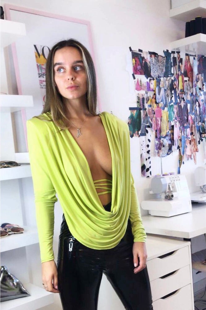 ANNA TOP • BACKLESS COWL NECK PLUNGE TOP • LIME GREEN