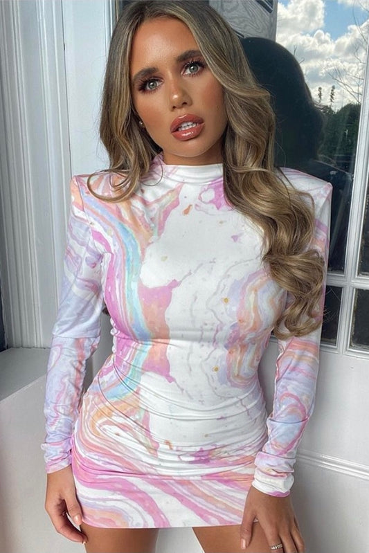 MILEY LONG SLEEVE HIGH NECK MINI DRESS MARBELLA PASTEL AS SEEN ON @JASMINGREENX