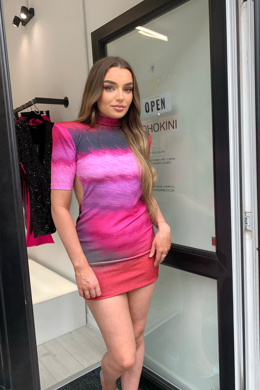 KYLE BACKLESS HIGH NECK SHOULDER PAD MINI DRESS - AGATHA