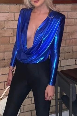 ANNA TOP COWL NECK DRAPE PLUNGE  ELECTRIC BLUE METALLIC