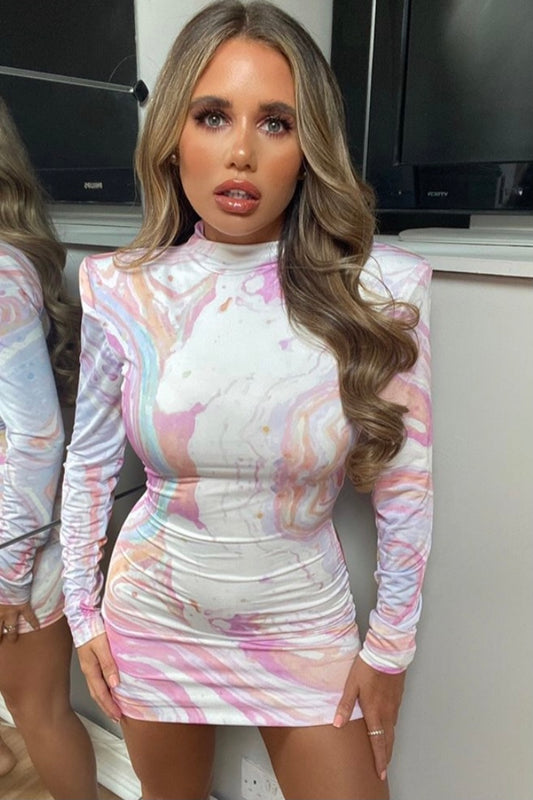 MILEY LONG SLEEVE HIGH NECK MINI DRESS MARBELLA PASTEL AS SEEN ON @JASMINGREENX