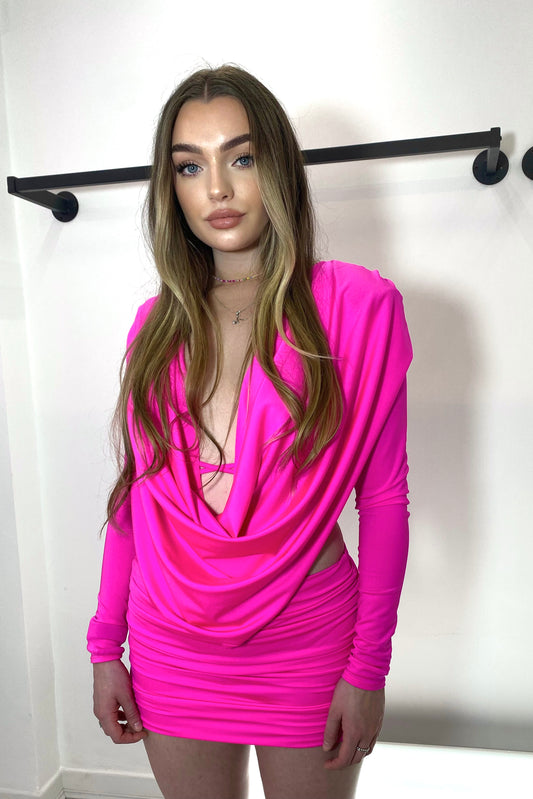 ANNA X SASHA PLUNGE DRAPE CROP TOP WITH RUCHED LOW RISE SASHA MICRO MINI SKIRT
