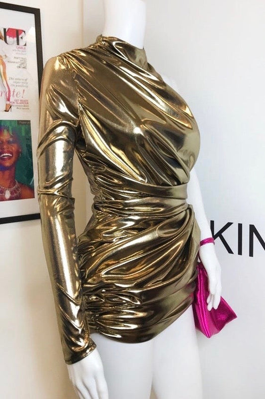 LIYAH ONE SHOULDER HIGH NECK MINI - LIQUID GOLD