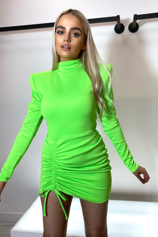DITA HIGH NECK PADDED SHOULDER LONG SLEEVE MINI DRESS WITH RUCHED DETAIL