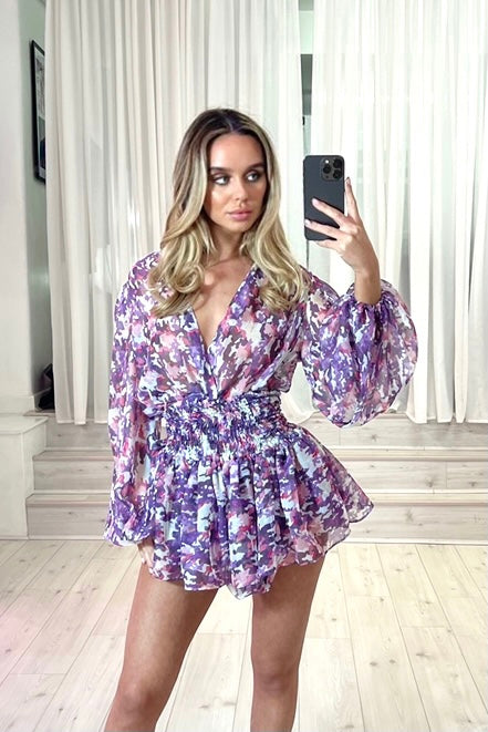 MARGOT X CLAUDIA BALLOON SLEEVE BLOUSE X SMOCKED TIERED SKIRT - SHEER LILAC ABSTRACT