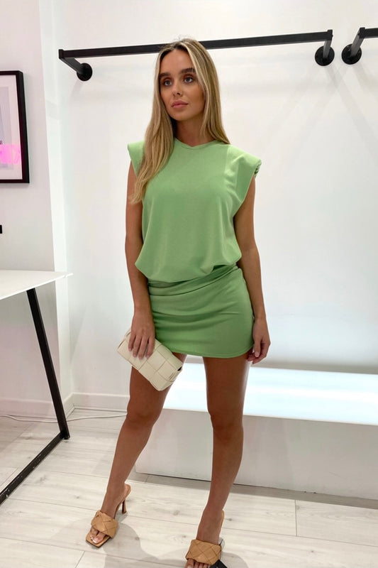DAKOTA SLEEVELESS PADDED SHOULDER CURVED HEM SKIRT AND TOP CO-ORD