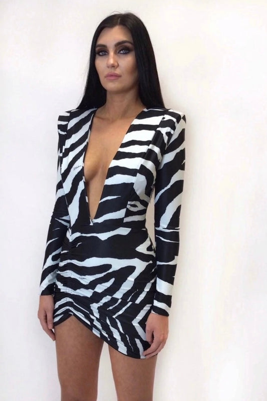 HEIDI PLUNGE MINI DRESS ZEBRA